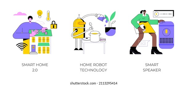 Smart living environment abstract concept vector illustration set. Smart home 2.0, home robot technology, voice-activated speaker, vacuum cleaner, interactive IoT infrastructure abstract metaphor.