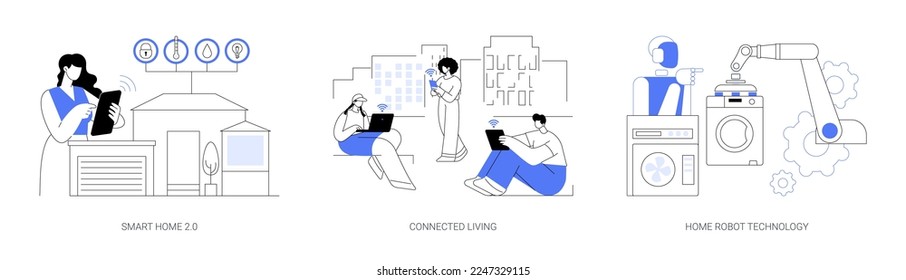 Smart living environment abstract concept vector illustration set. Smart home 2.0, connected living, home robot technology, real life robots, automotive household chores abstract metaphor.