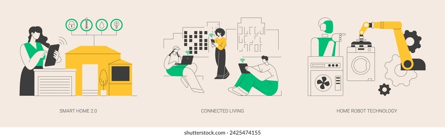 Smart living environment abstract concept vector illustration set. Smart home 2.0, connected living, home robot technology, real life robots, automotive household chores abstract metaphor.