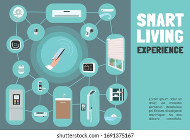 Smart living experience banner flat vector template. IOT brochure, poster concept design with cartoon characters. Gadgets for convenience and security horizontal flyer, leaflet with place for text