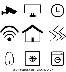 Smart Living Icon Collection – Distinctive TV, Clock, CCTV, WiFi, Culinary, and Bath Icons for Innovative Home Solutions"