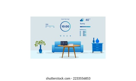 smart living room. wall project. clock , climate control system , music player, sofa, lamp table 