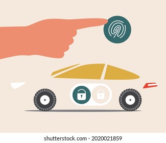 Smart Lock, Car Fingerprint. Flat Vector Stock Illustration. Modern Lock, Auto Unlocking. Opening The Machine By Fingerprint. Establishing The Engine. Alarm Key Fob. Isolated Illustration