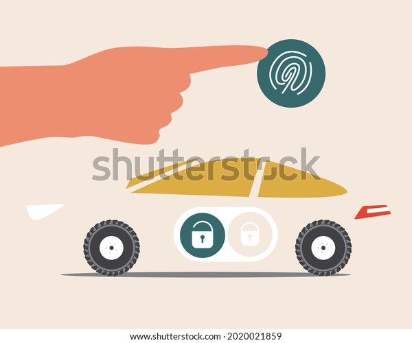 Smart\
lock, car fingerprint. Flat vector stock illustration. Modern lock,\
auto unlocking. Opening the machine by fingerprint. Establishing\
the engine. Alarm key fob. Isolated\
illustration