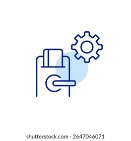 Smart lock and cogwheel. Security settings, access control configuration, smart lock management, home automation security, electronic door control. Pixel perfect, editable stroke vector icon