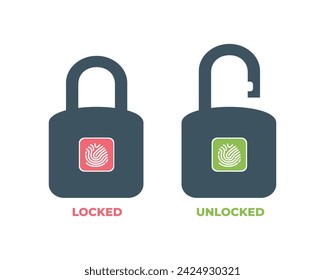 Smart lock with fingerprint. Padlock icon. Lock locked and unlocked using a fingerprint. Close and open padlock vector set. Icons of locked and unlocked lock on background. Vector flat illustration. 