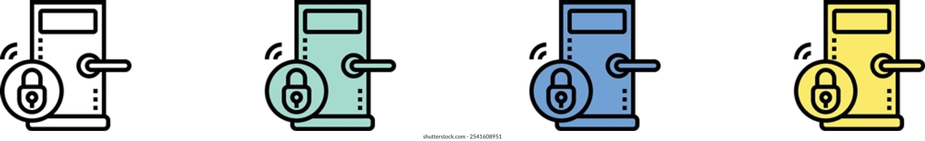 Icono de candado inteligente. Esquema, diseño de estilo verde, azul y amarillo aislado sobre fondo blanco
