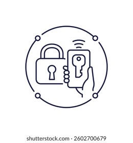 smart lock icon with phone in hand, line vector