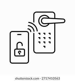Icono de cerradura inteligente, llave del teléfono para abrir y abrir la puerta, dispositivo de visualización con acceso digital, apertura electrónica automática, símbolo de línea delgada sobre fondo blanco - Ilustración vectorial editable del movimiento