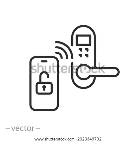 smart lock icon, phone key for unlock door and open, display device with digital access, automatic electronic opening, thin line symbol on white background - editable stroke vector illustration