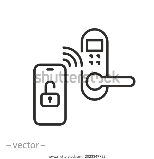 smart lock icon, phone key for unlock door\
and open, display device with digital access, automatic electronic\
opening, thin line symbol on white background - editable stroke\
vector illustration