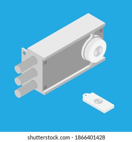 Smart lock key cylinder door lock and wireless key. Auto lock alarm technology for home, hotel, apartment and office. Isometric view. Vector