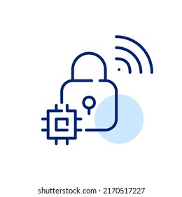 Smart lock security system with CPU. Pixel perfect, editable stroke line art icon