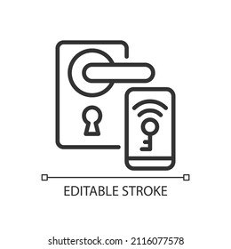 Smart locks pixel perfect linear icon. Unlock door with remote application. Internet of Things. Thin line illustration. Contour symbol. Vector outline drawing. Editable stroke. Arial font used