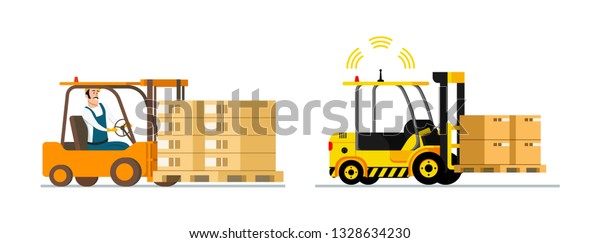Smart Logistic. Automatic and Man-driven\
Forklift. Side View of Mechanical Forkliftcar Driving Cardboard Box\
and Loader with Wooden Pallet. Cargo Delivery. Flat Cartoon Vector\
Illustration