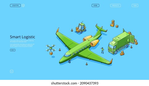 Banner logístico inteligente. Infraestructura logística para almacenamiento, distribución y entrega de carga. Página de aterrizaje de vectores de la industria naviera con aviones, camiones, carretillas elevadoras, drones y cajas isométricas