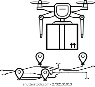 intelligente Logistik mit Drohnen-Konzept, intelligente streckenbasierte Lieferung, Vektorsymbol-Design, autonome Flugzeuge liefern Paket E-Commerce und Shopping Stockgrafik