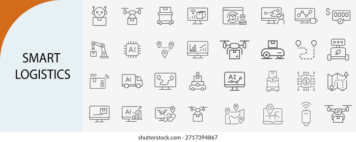 Conjunto de iconos de línea de entrega inteligente de logística y IA, almacén autónomo y símbolos de seguimiento en tiempo real, Ilustración vectorial plana