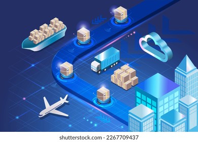 Smart logistics with automated delivery system to futuristic city. Shipments distribution from air, sea freight and transportation truck delivery autonomous. Transportation innovation technology. 