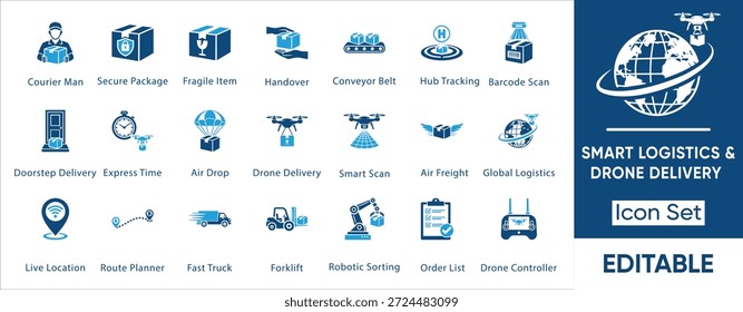 Smart Logistics und Autonomous Delivery Icon Set. Vector Collection of Supply Chain Automation, Intralogistics, 3PL, Drone Shipping, Last Mile Service und Warehouse Robotics.