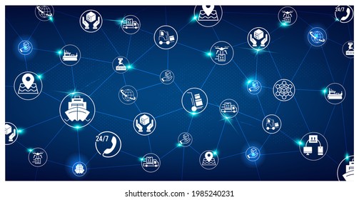 Smart Logistics background with global logistics Warehouse Logistics, Sea Freight Logistics partnership. 
Digital connect system with integrated circles, glowing line icons. Vector illustration eps10