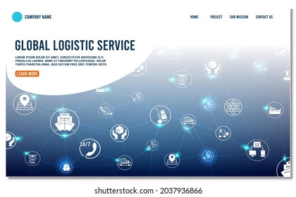 Smart Logistics background with global logistics Warehouse Logistics, Sea Freight Logistics partnership. 
Digital connect system with integrated circles, glowing line icons. Vector illustration eps10