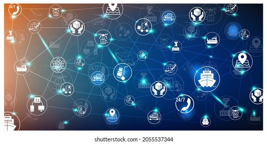 Smart Logistics background with global logistics Warehouse Logistics, Sea Freight Logistics partnership. Digital connect system with integrated circles, glowing line icons. Vector illustration eps10