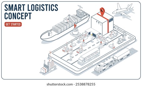 A logística inteligente combina gerenciamento de depósito e transporte de IoT para otimizar o conceito de operações da cadeia de suprimentos. Ilustração vetorial eps10