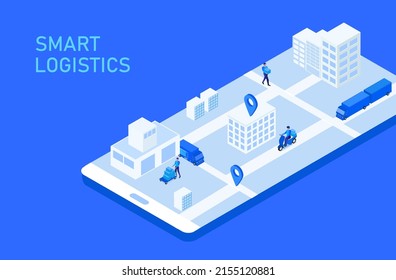 Intelligentes Logistikkonzept, Lieferant und Versand mit LKW auf Smartphone-Bildschirm .Globale Transportlogistik, Versand- und Zustelltechnik, Vektorgrafik