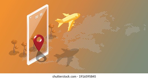 Smart logistics concept is presented as isometric version of a pinned map to inform location and airplane with smartphone navigation device with polka dot world map isolated on gradient background
