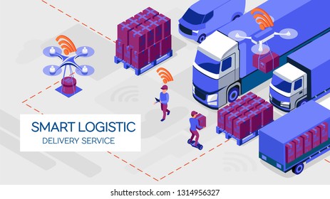 Smart logistics delivery services. Isometric flat digital illustration. Truck, drone, persels and boxes, delivery workers and smart devices. Web banner