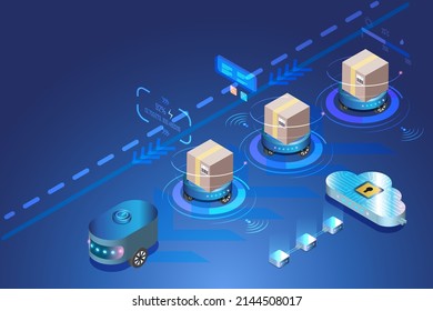 Intelligentes Logistiksystem mit automatisierter Roboter- und Funktechnik. Lieferkartons, unabhängig vom Cloud-Computing. Innovation transportiert futuristische Technologie. 