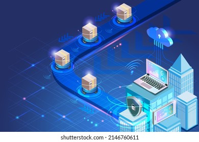 Intelligentes Logistiksystem mit automatisierter Roboter- und Funktechnik. Lieferkartons liefern unabhängig vom Gebäude mit Cloud-Computing. Innovation transportiert futuristische Technologie. 