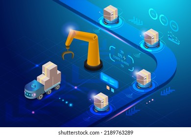 Intelligentes Logistiksystem mit automatisierter Roboter- und Funktechnik. Lieferkartons liefern unabhängig von der Innovation Transport futuristischen Technologie. 