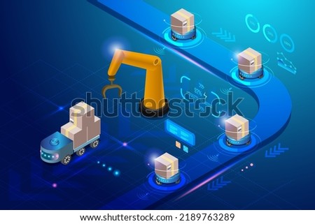 Smart logistics delivery system with automated robotic and wireless technology. Shipment cartons delivery autonomous with innovation transportation futuristic technology. 