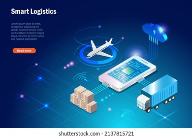 Sistema de seguimiento de entrega de logística inteligente en smartphone. Entrega de cartón de envío por parte de aviones y camiones con computación en nube que utilizan tecnología inalámbrica. Flete de exportación de importación de transporte mundial. 