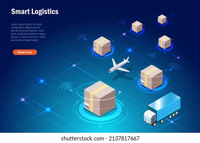 Smart logistics delivery tracking system with wireless technology. Shipment cartons delivery by airplane and transportation truck with cloud computing. Global logistic import export freight. 