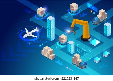 Sistema de distribución de logística inteligente con tecnología robótica e inalámbrica automatizada. Entrega autónoma de cajas de cartón en carretera urbana con tecnología futurista de transporte de innovación. 