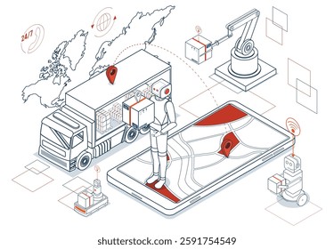 Smart Logistics. A global automated delivery system integrating export, import, cargo tracking, robotics, and wireless technology through cloud computing for innovative transportation solutions.