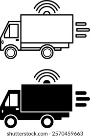 Smart Logistics Icons. Black and White Vector Illustrations. Carrier Campaign Automation. Truck and Wi-Fi. Delivery Services