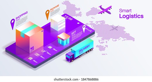 Smart Logistics Isometric Landing, Geo Location Free Vector