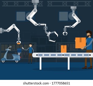 The smart  logistics service uses robots and AI for saparete the package in each area - vector Illustration
