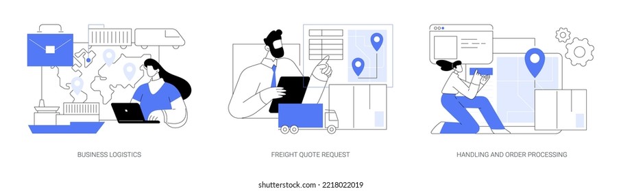 Smart logistics technologies abstract concept vector illustration set. Business logistics, freight quote request, handling and order processing, commercial delivery, documentation abstract metaphor.