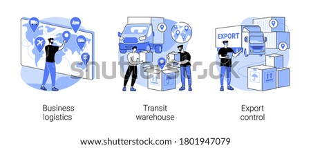 Smart logistics technologies abstract concept vector illustration set. Business logistics, transit warehouse, export control, business transportation, goods transfer, shipping abstract metaphor.