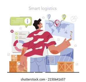 Smart logistics technologies concept. Idea of modern transportation and distribution. Drone delivery and cargo tracking. Flat vector illustration