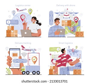 Smart logistics technologies concept set. Idea of modern transportation and distribution. Drone delivery and cargo tracking. Flat vector illustration