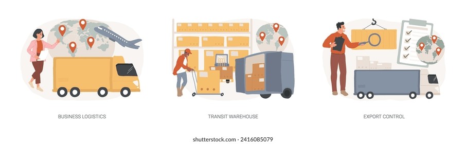 Smart logistics technologies isolated concept vector illustration set. Business logistics, transit warehouse, export control, business transportation, goods transfer, shipping vector concept.