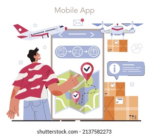 Servicio o plataforma en línea de tecnologías de logística inteligentes. Idea de transporte moderno. Entrega de drones y rastreo de carga. Aplicación móvil. Ilustración del vector