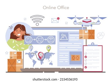 Smart logistics technologies online service or platform. Idea of modern transportation. Drone delivery and cargo tracking. Online office. Vector illustration
