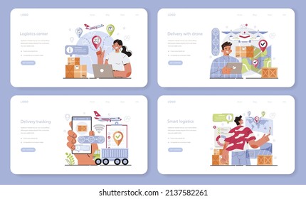 Smart logistics technologies web banner or landing page set. Idea of modern transportation and distribution. Drone delivery and cargo tracking. Flat vector illustration